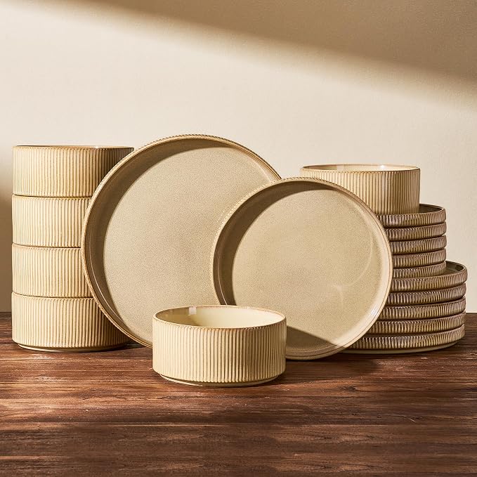 Dinnerware Set for 6, Ceramic Ribbed Plates, Dishes | 18-Piece Stoneware Dinner