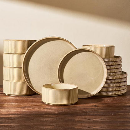 Dinnerware Set for 6, Ceramic Ribbed Plates, Dishes | 18-Piece Stoneware Dinner