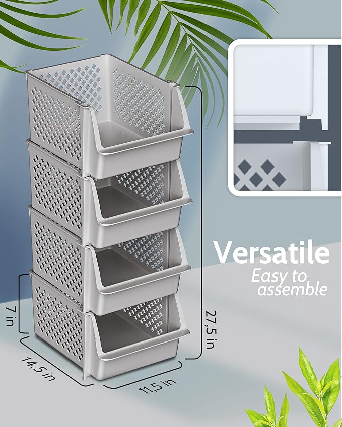 Skywin TidyFriend Stackable Storage Bins for Closet Organizers and Storage 12 Pack, Closet Organization for Kids Room and Home Organization (Light Grey)