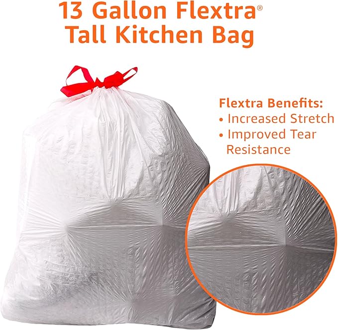 Amazon Basics Flextra Tall Kitchen Drawstring Trash Bags, 13 Gallon, 120 Count