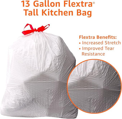 Amazon Basics 13 Gallon Flextra Strength Tall Kitchen Drawstring Trash Bags, Clean Fresh Scnet, Tear Resistant, 10% Post Consumer Recycled, 120 Count