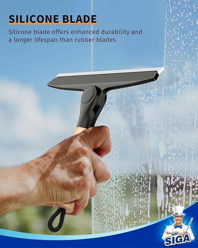 MR.SIGA All Purpose Silicone Squeegee for Shower Door, Mirror, Glass, Streak Free Shower Squeegee, Pivoting Bamboo Handle, Includes 1 Suction Hook, 10 inch Wide, Black, 1 Pack