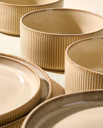 Dinnerware Set for 6, Ceramic Ribbed Plates, Dishes | 18-Piece Stoneware Dinner