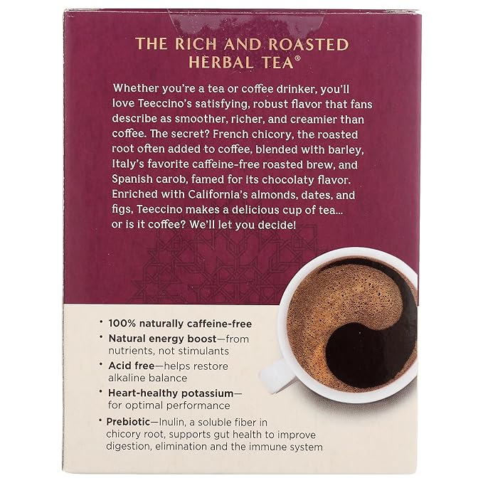 Teeccino Vanilla Nut Herbal Tea - Rich & Roasted Herbal Tea That’s Caffeine Free & Prebiotic for Natural Energy, 10 Tea Bags (Pack of 4)