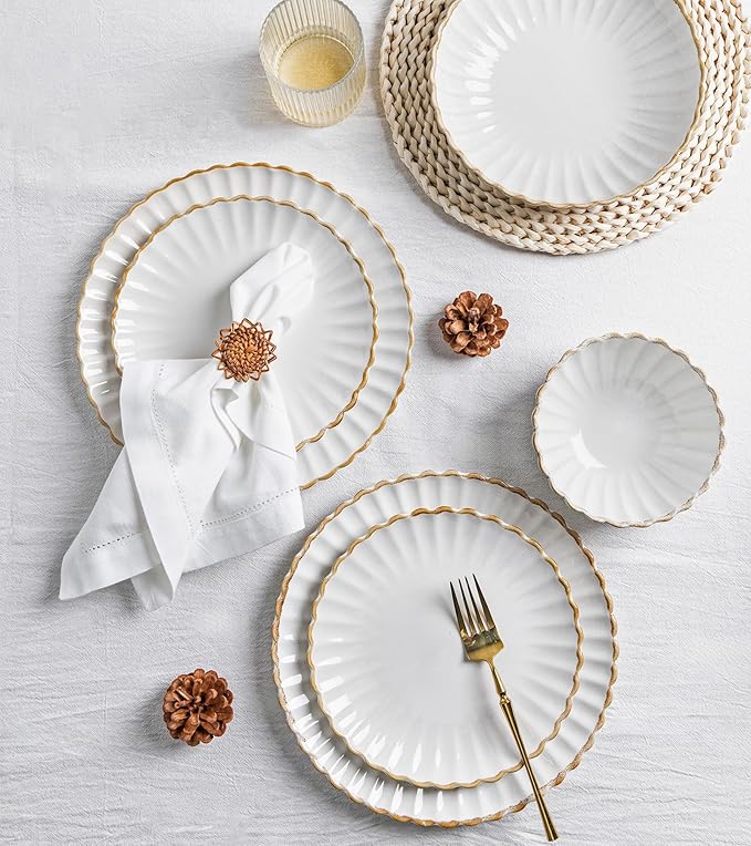 GBHOME Stoneware Dinnerware Sets for 4,Handcrafted Embossed Design Reactive Glaze Ceramic Plates and Bowls, Dishwasher and Microwave Safe, Service for 4(12pcs)