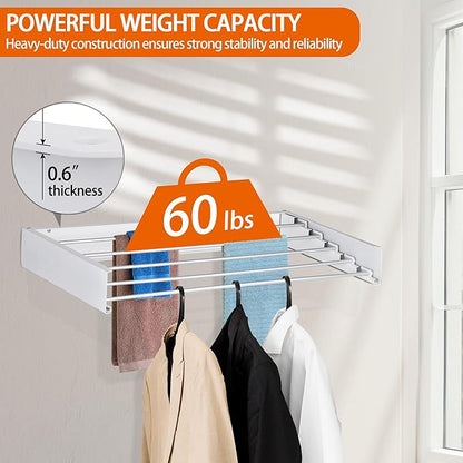 FOCHIER F Laundry Drying Rack Wall Mounted Clothes Drying Rack Collapsible with 4 Aluminum Rods and Drilling Template Long Screwdriver Bit 60 lbs Capacity (White, 40")