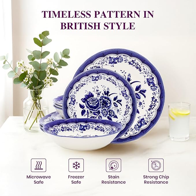 Tudor Royal 12-Piece Porcelain Round Dinnerware Set, Service for 4, Victoria Blue Design, Blue Floral, Plates Bowls Dishes, Glossy, Premium Quality Tableware, Unique Pattern
