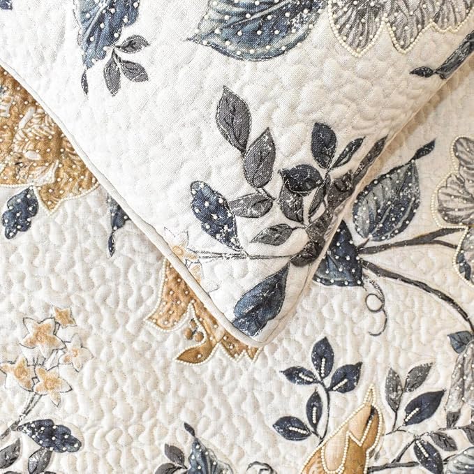 The HomeCentric King/Queen/Twin Blue & Ivory Designer Twin 53"x18" Bed Runner with Pillow Cover, Bird, Pearl & Quilted Bed Scarf on Linen Fabric - Vintage Birdena