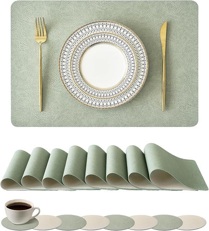 Leetaltree Reversible Faux Leather Placemats and Coasters Set of 16, 12x17 Inch
