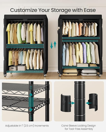 SONGMICS Heavy-Duty Rolling Clothes Rack, Garment Rack, Portable Closet, 43.3-Inch Wide Clothing Rack on Wheels, with Adjustable Mesh Shelves and Hanging Rails, Fabric Cover, Ink Black ULGR415B01