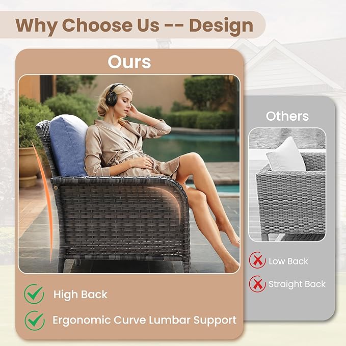 HOOOWOOO Patio Furniture Set,6 Pieces Outdoor Conversation Set,All Weather Wicker Loveseat Sofa Set with High Back Chairs Table,Denim Blue