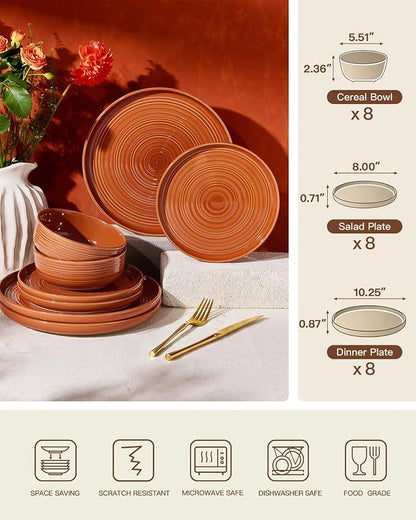 Dinnerware Set for 8, Ceramic Plates and Bowls, Terracotta | 24 pcs Speckled