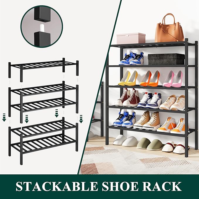 Smiry Shoe Rack, 4 Tier Bamboo Shoe Organizer, Stackable Free Standing Wooden Shoe Storage Shelf for Closet, Entryway, Front Door Entrance, Black