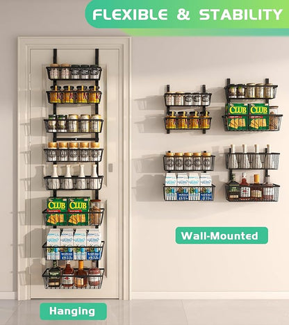 12 Inch Wide Narrow Over The Door Pantry Organizer, Pantry Organization and Storage, Black 8-Tier Metal Hanging Deep Basket Wall Spice Rack Seasoning Shelves, Home & Kitchen Essentials