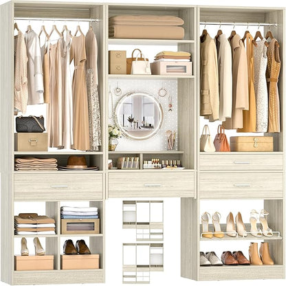 Unikito 75” Modular Closet System, Freestanding Closet Organizer with Hanging Rods, Drawers, Adjustable Clothes Garment Rack with Shoe Rack, Sturdy Walk in Closet Set for Bedroom, Mudroom, White Oak
