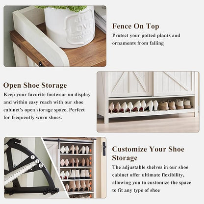 OKD Shoe Storage Cabinet with 2 Flip Drawers & Sliding Door, Farmhouse Entryway Shoe Organizer, Freestanding Rustic Hidden Shoe Rack Cabinet for Entryway, Antique White