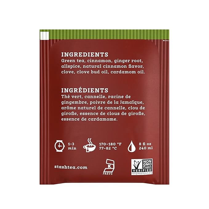 Stash Tea Chai Green Tea - Caffeinated, Non-GMO Project Verified Premium Tea with No Artificial Ingredients, 20 Count (Pack of 6) - 120 Bags Total