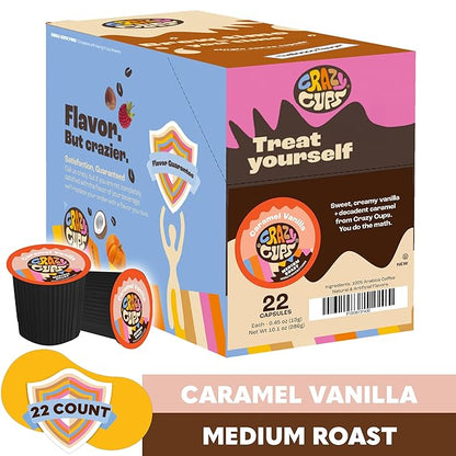 Crazy Cups Flavored Coffee Pods, Caramel Vanilla, Single Serve for Keurig K Cups Machines, Medium Roast in Recyclable Pods(Pack of 1, 22 Count Total)