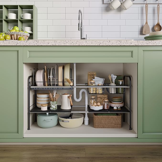NETEL Adjustable Under Sink Organizers and Storage,Pots and Pans Organizer Under Kitchen Cabinet,Pan Lid Organizers inside Cabinet,Expandable Cabinet Storage Shelf with Pan Rack and 7 Dividers