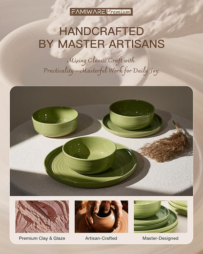 Dinnerware Sets for 6, Ceramic Plates & Bowls, Olive Green | 18-Piece Ceramic