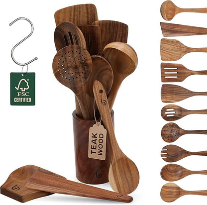 Teak Wood Utensil Set – Premium Natural Wooden Cooking Tools for Nonstick Cookware, Stirring & Serving – Durable, Non-Toxic Kitchen Spatulas (12)