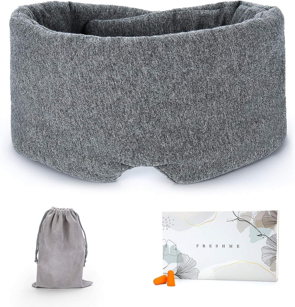 FRESHME Cotton Eye Mask for Sleeping in Gift Box - Soft and Adjustable Extensions Sleep Mask with Earplugs and Pouch for Women and Men, Blackout Cover for Night Travel Relaxation