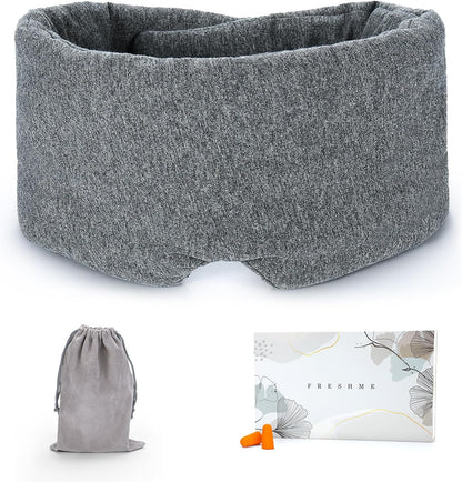 FRESHME Cotton Eye Mask for Sleeping in Gift Box - Soft and Adjustable Extensions Sleep Mask with Earplugs and Pouch for Women and Men, Blackout Cover for Night Travel Relaxation