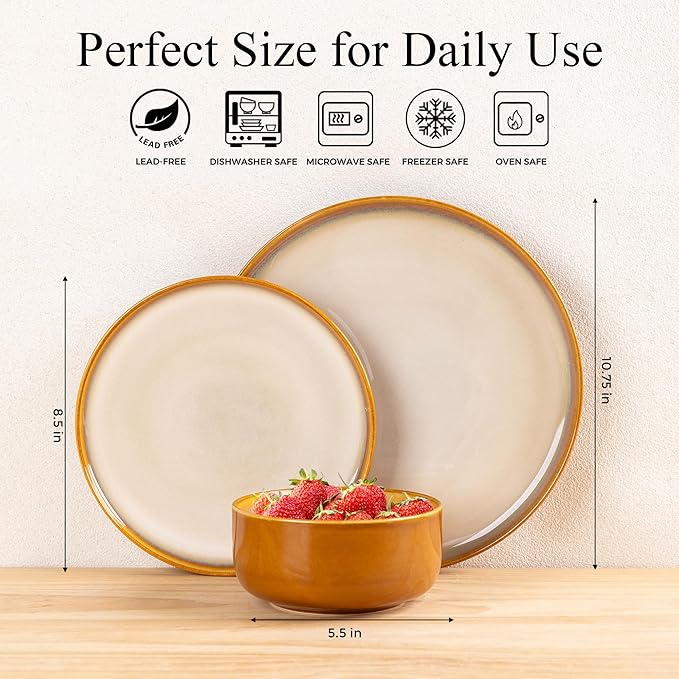 LERATIO Ceramic Dinnerware Sets for 4,12 Pieces Poreclain Plates and Bowls Sets,Scratch Resistant Dishes,Dishwasher & Microwave Safe,Oven Safe Dishes Set,Service for 4-Kahki