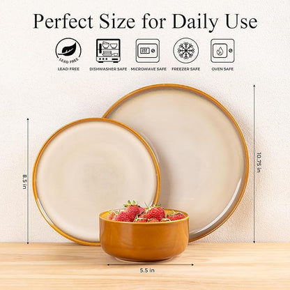 LERATIO Ceramic Dinnerware Sets for 4,12 Pieces Poreclain Plates and Bowls Sets,Scratch Resistant Dishes,Dishwasher & Microwave Safe,Oven Safe Dishes Set,Service for 4-Kahki