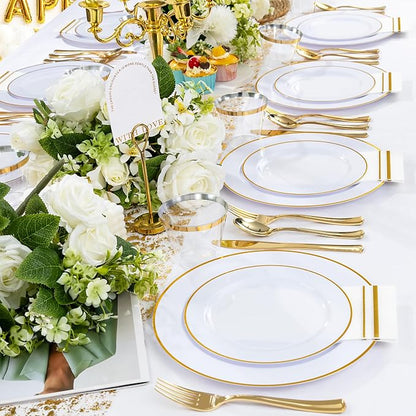 SUT 350 PCS Elegant White and Gold Disposable Dinnerware Set