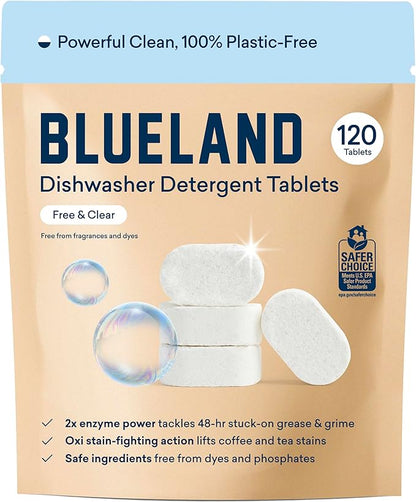 BLUELAND 100% Plastic-Free Dishwasher Detergent Tablets, 120 Count, Free & Clear, Eco-Friendly Dishwashing Pods, Natural, USDA Certified biobased
