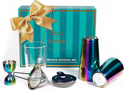 Shaken & Stirred Cocktail Set by Bull in China - Premium Bartender Gift Set w 2 Piece Weighted Shaker, Hammered Jigger, Hawthorne Strainer, Fine Mesh Strainer, Mixing Glass & Barspoon (Rainbow Chrome)