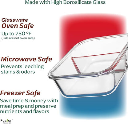 Fusion Gourmet Glass Meal Prep Containers with Lids [8 Pack, 33 oz & 4.5 oz] - 2 Compartment Divided Glass Bento Boxes for Adults, Oven Safe & Airtight