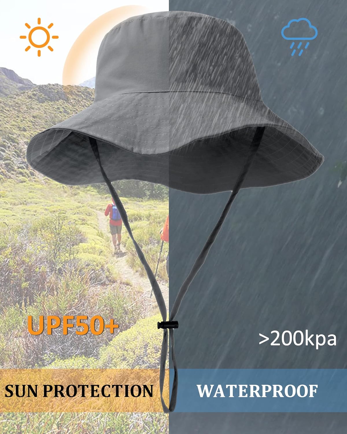 Water-Resistant Sun UPF 50+ Bucket Hat Protection Packable Brimmed Boonie for Women Men Summer Lightweight Hiking Outdoor Cap