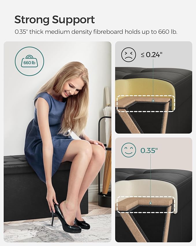 SONGMICS MAZIE Collection - 30 Inches Storage Ottoman Bench with Flipping Lid, Storage Chest Footstool, Load 660 lb, for Entryway, Living Room, Bedroom, Synthetic Leather, Black ULSF45BK