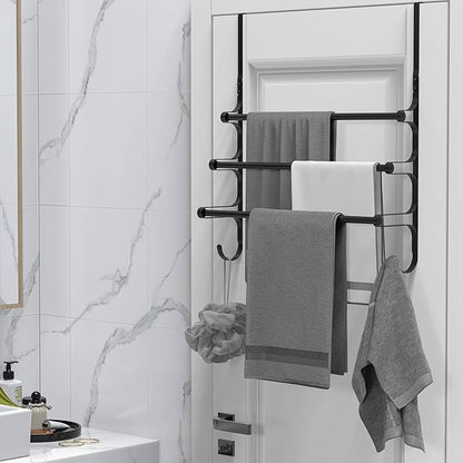Over The Door Towel Rack, Over Door Towel Rack for Bathroom Door, Triple Towel Storage Holder with Hooks (Matte Black, 17.32" L)