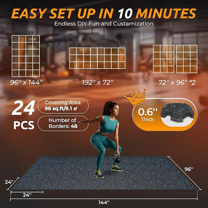 PRAISUN 0.6" Thicker Gym Mat, 24 Tiles 96 Sq Ft Workout Mats, Interlocking Foam Tiles with Rubber Top, High Density EVA Foam, Exercise Mat, Gym Flooring for Home Gym, Garage, 24 x 24in, Black/Blue