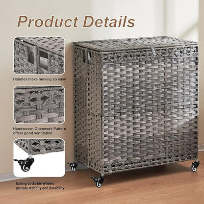 Laundry Hamper with Wheels&Lid, 50.2 Gallons(190L) Rolling Laundry Basket with Wheels, 3-Section Laundry Hamper, Handwoven Rattan Clothes Hamper with 6 Removable Liner& 3 Mesh Laundry Bags, Grey
