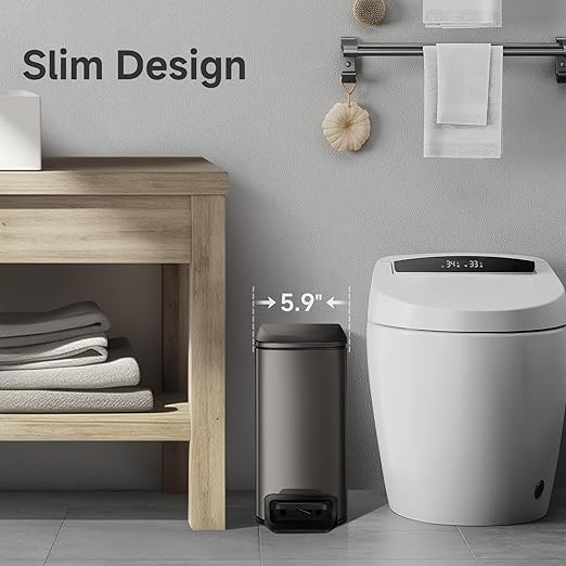 TIPGO Slim Bathroom Trash Can with Lid Soft Close, 6 Liter / 1.6 Gallon Stainless Steel Garbage Can with Removable Inner Bucket, Step Pedal, Small Trash Cans for Bedroom, Office, Kitchen (Black Gold)