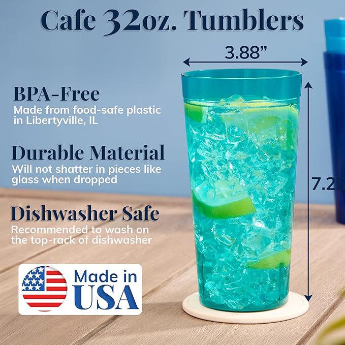 US Acrylic Café Plastic Reusable Tumblers (Set of 12) 32-ounce Iced-Tea Cups, Assorted | Value Set of Restaurant Style Drinking Glasses, Stackable, BPA-free, Made in the USA | Top-rack Dishwasher Safe