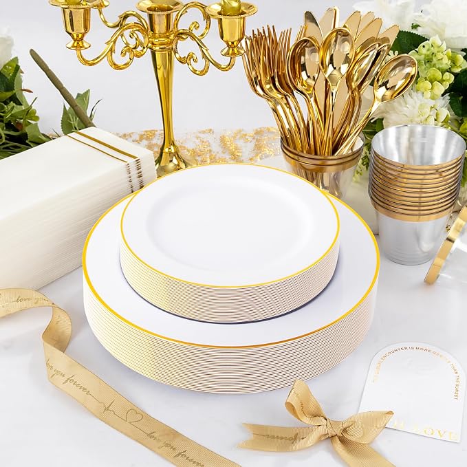 SUT 350 PCS Elegant White and Gold Disposable Dinnerware Set