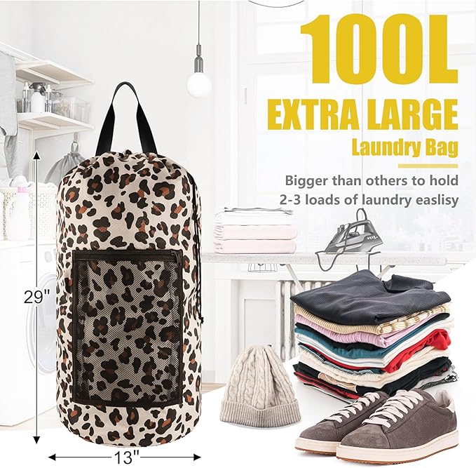 Laundry Bag Backpack, Extra Large Travel Laundry Bag with Mesh Pocket & Adjustable Shoulder Straps,Dirty Clothes Travel Bag for College Students Dorm,Apartment(Leopard Print)