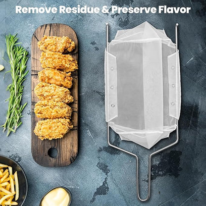 Fryer Filter Bag & Frame Set, Reusable Oil Strainer for 70 lb Cooking Oil, Fine Mesh to Capture Crumbs, Durable for Home & Commercial Use, with 1 Professional Food Thermometer