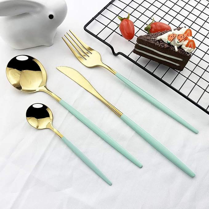 JASHII Flatware Serving Set 24 Piece, Stainless Steel Silverware Set, Mint Green Gold Cutlery, Modern Elegant Tableware for Party, Christmas, Dinner