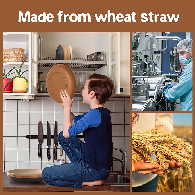 Teivio 32-Piece Kitchen Plastic Wheat Straw Dinnerware Set, Service for 8, Unbreakable Plates, Bowls and Cups Set, Farmhouse Outdoor Camping Dishes for Rustic Life/Country/Vintage, Saddle Ombre