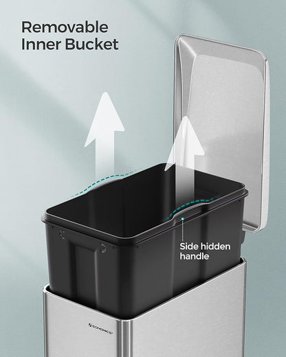 SONGMICS Slim Trash Can, 13-Gallon (50 L) Garbage Can for Narrow Spaces with Soft-Close Lid, Inner Bucket, and Step-on Pedal, Stainless Steel, 15 Trash Bags Included, Silver ULTB510E48