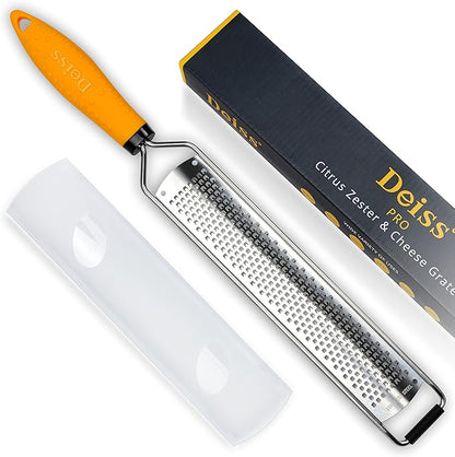 Deiss PRO Citrus Lemon Zester & Cheese Grater — Parmesan Cheese, Lemon, Ginger, Garlic, Nutmeg, Chocolate, Vegetables, Fruits - Razor-Sharp Stainless Steel Blade + Protect Cover - Dishwasher Safe