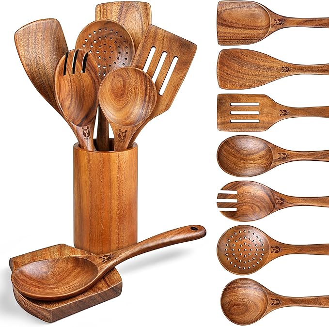 Wooden Spoons for Cooking, 9 Pcs Natural Teak Wooden Utensil Set with Spoon Rest, Comfortable Grip Wooden Cooking Utensils Set with Holder for Nonstick Cookware, Sturdy, Lightweight & Heat Resistant