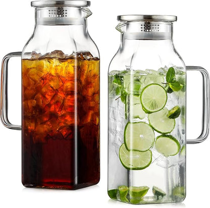 Netany 2 Pack 2 Liters/68 oz Square Glass Pitcher with Lid and Handle for Fridge, Iced Tea and Coffee Carafe Beverage Serveware, Heat Resistant Borosilicate Water Jug for Hot/Cold Drinks and Milk