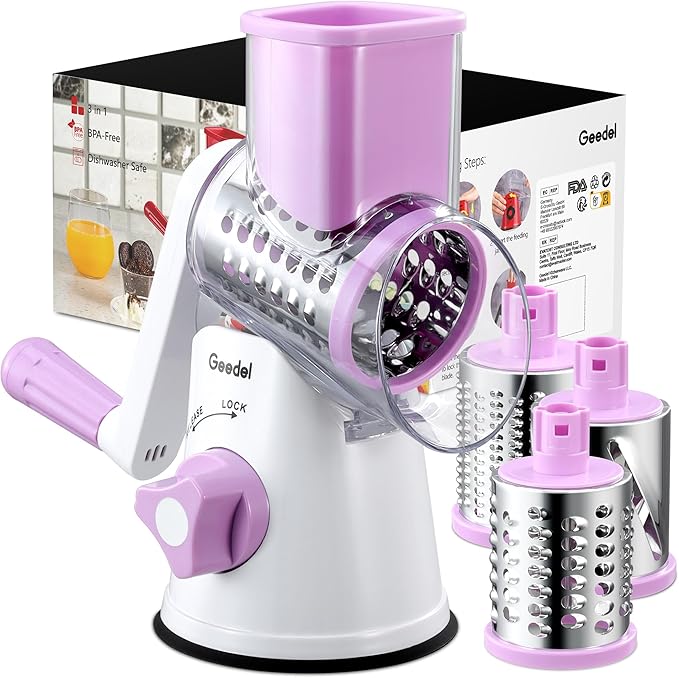 Geedel Rotary Cheese Grater, Kitchen Mandoline Vegetable Slicer with 3 Interchangeable Blades, Easy to Clean Rotary Grater Slicer for Fruit, Vegetables, Nuts